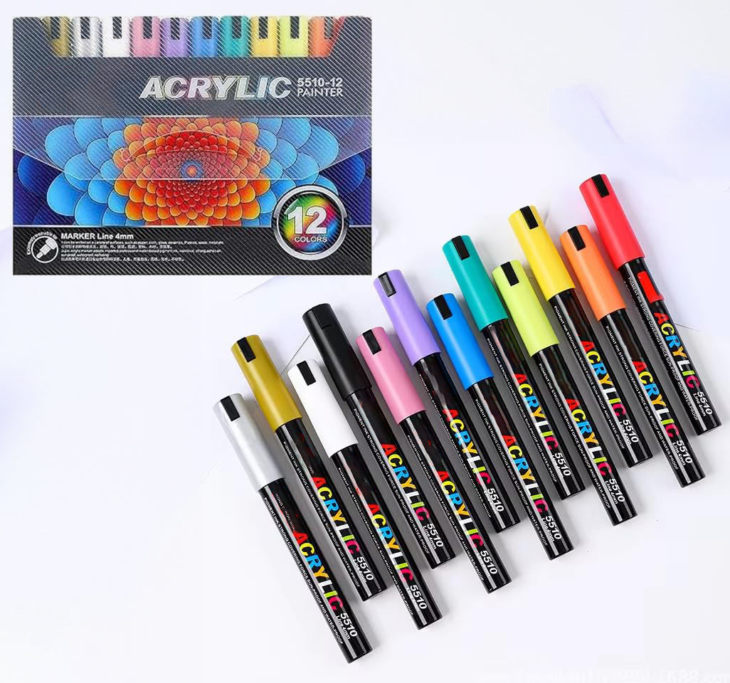 Set 12 de markere cu vopsea acrilica, Zola, varf 4 mm, rezistente la apa, pentru pictura pe hartie, panza, piatra, sticla, lemn, textile si ceramica, uscare rapida, multicolore Set 12 de markere cu vopsea acrilica, Zola, varf 4 mm, rezistente la apa, pentru pictura pe hartie, panza, piatra, sticla, lemn, textile si ceramica, uscare rapida, multicolore